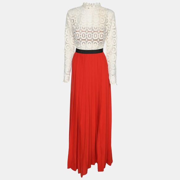 Self-Portrait White/red Floral Lace And Pleated Crepe Maxi Dress S